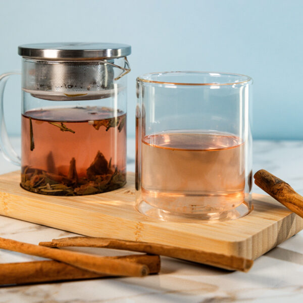 Image of bamboo tray with holding tea pot and mug