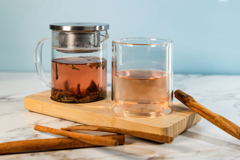 Image of bamboo tray with holding tea pot and mug